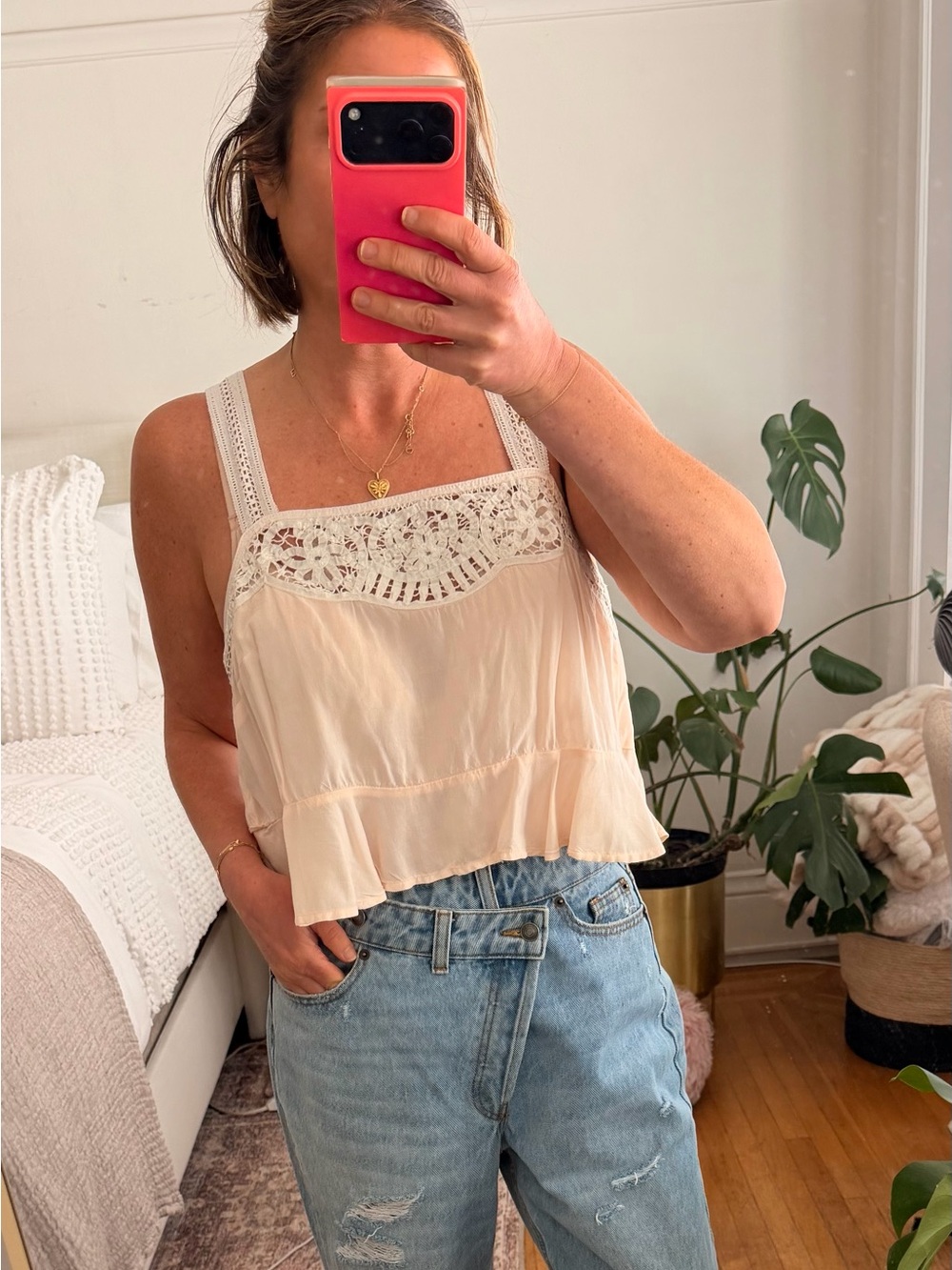 Anthropologie Lace Trim Cream Women's Tank Top